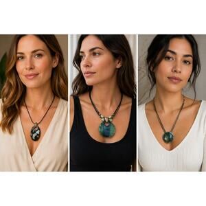 Blue Green Pendant Necklace– 3 Pc | Glass Stone, Modern Cord, Statement Jewelry